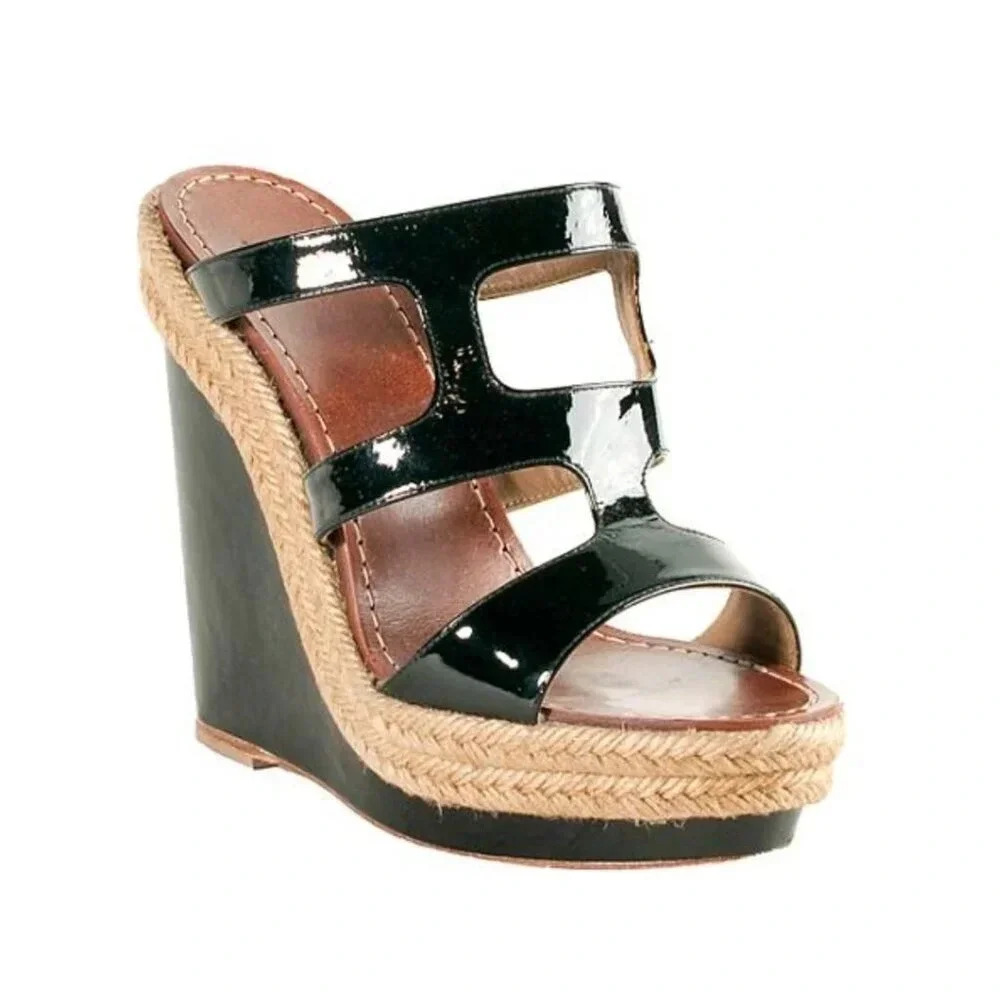 Christian Louboutin Black Patent Leather Espadrille Wedge Sandals
